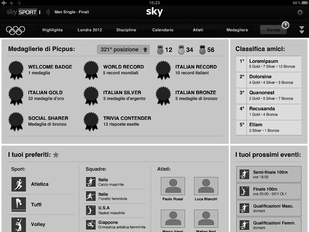 UX/UI wireframes for the Sky Olympics second-screen app