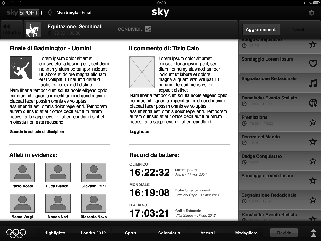 UX/UI wireframes for the Sky Olympics second-screen app