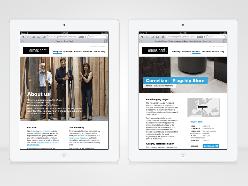 Ermes Ponti responsive website in iPad